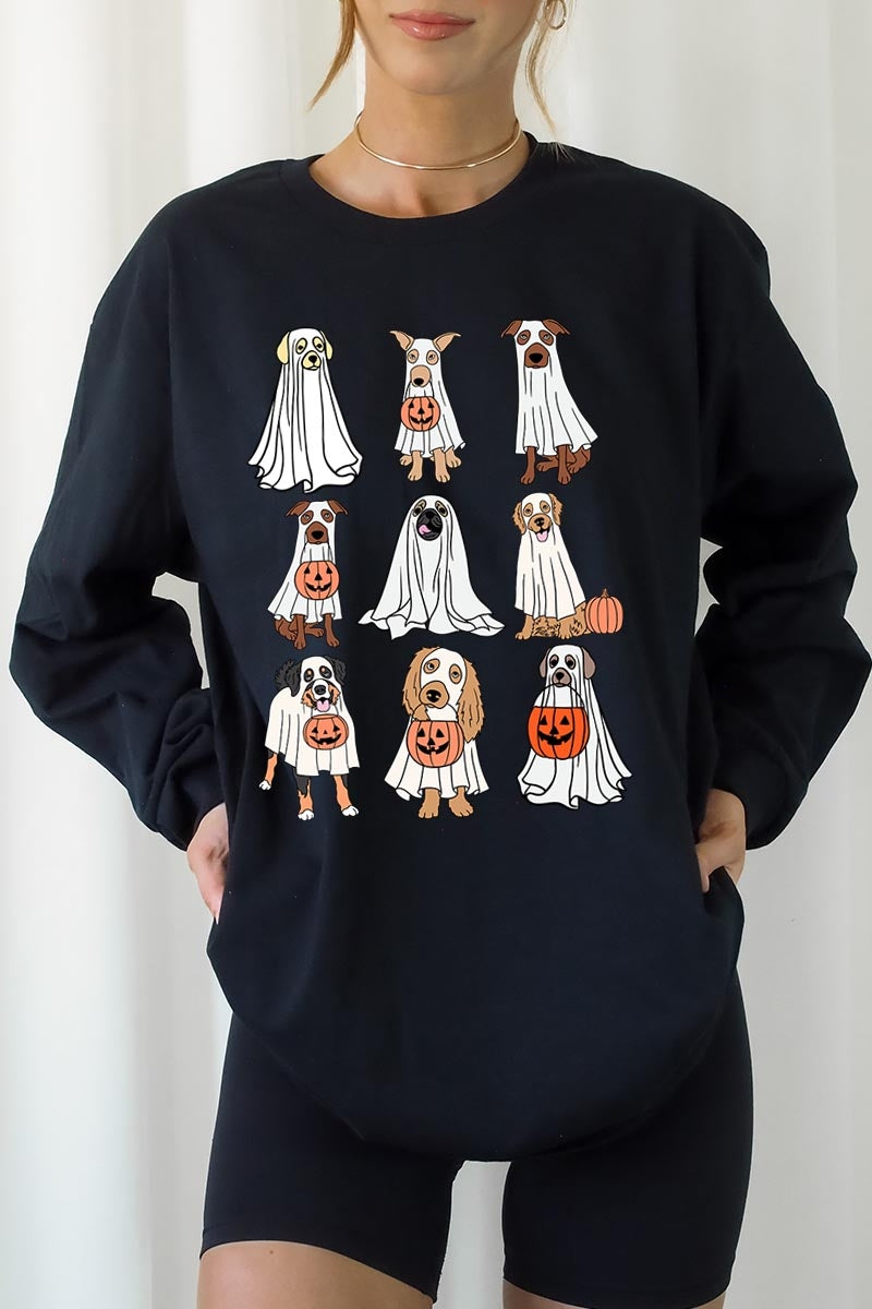 UL240-E3106 Halloween Ghost Dog Graphic Long Sleeve Tee $13.75