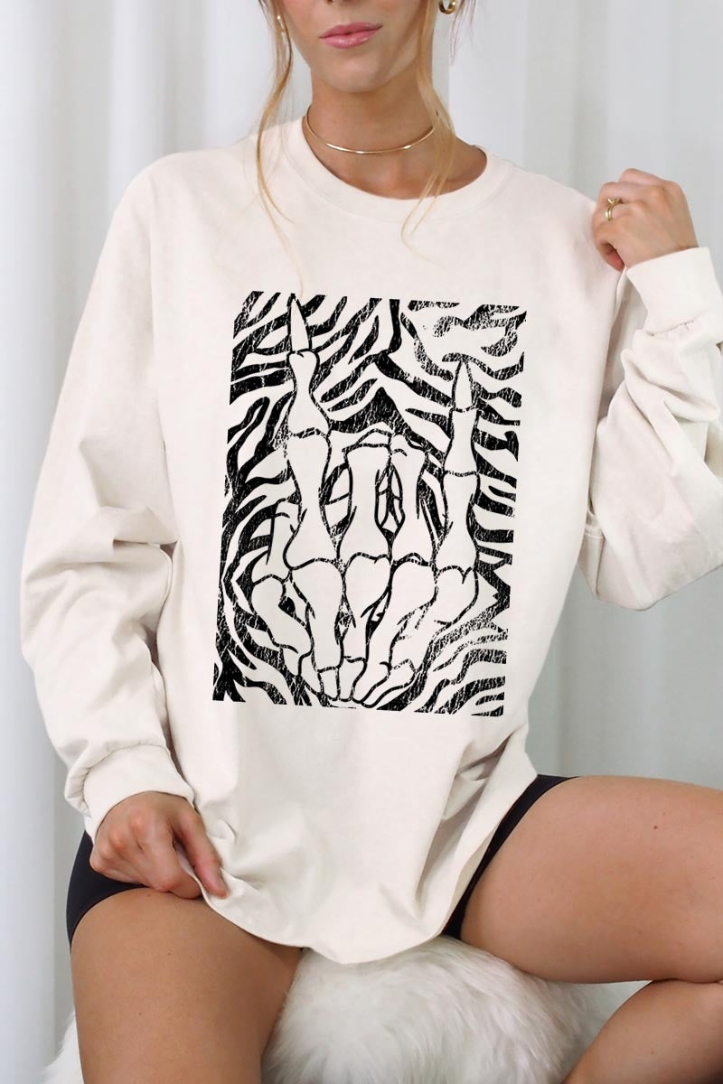 UL240-E3177 Skeleton Hands Zebra Graphic Long Sleeve Tee $13.75