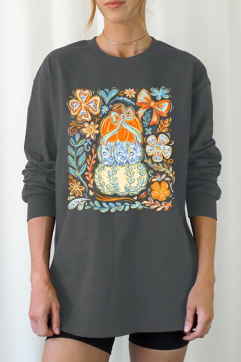 UL240P-E3153 Floral Pumpkin Stack Graphic Plus Long Sleeve Tee $17