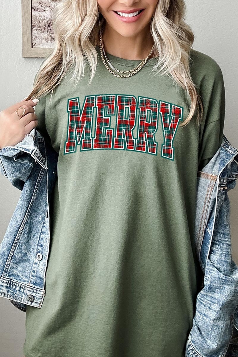 5000-E3210 Classic Plaid Merry Graphic Heavy Cotton Tee $9