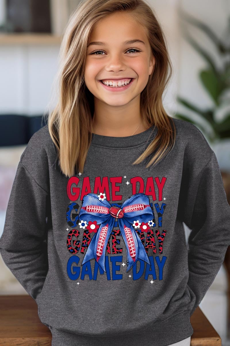 UL180B-E3087Z Red Blue Football Game Day Bow Kids Sweatshirt $20