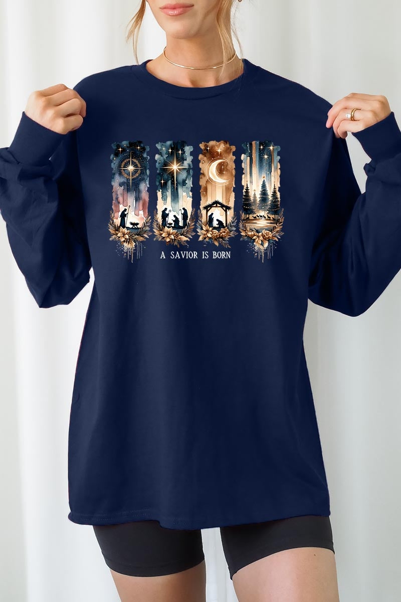 UL240P-E3204 Savior Is Born Nativity Graphic Plus Long Sleeve Tee $17