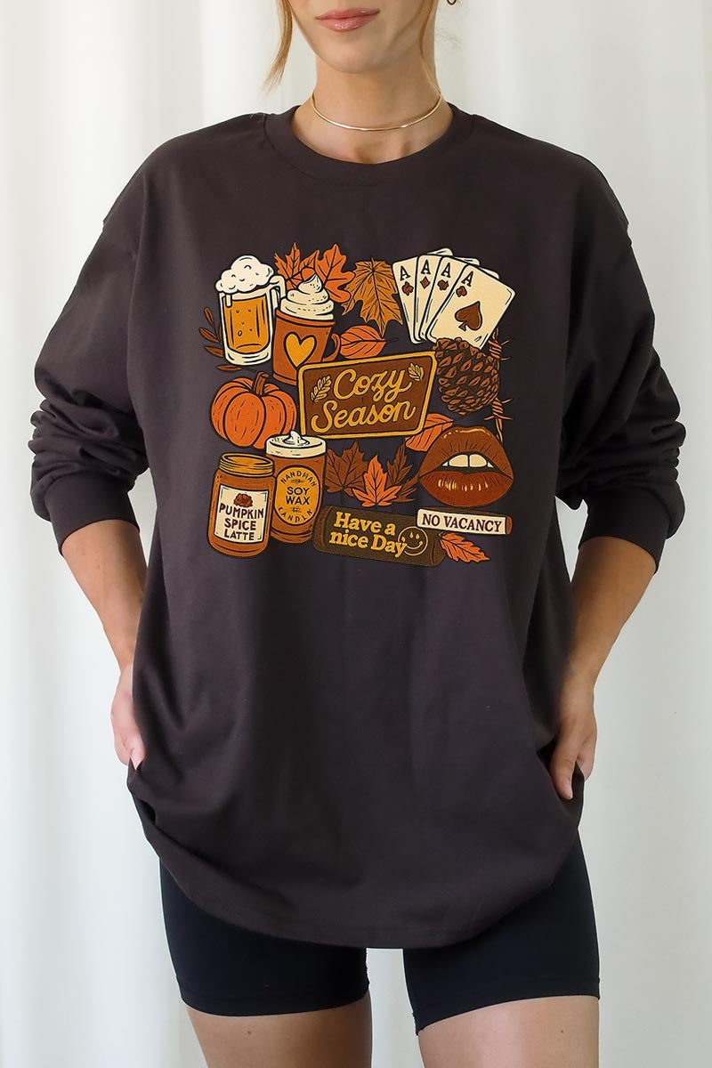 UL240-E3119 Retro Fall Collage Graphic Long Sleeve Tee $13.75