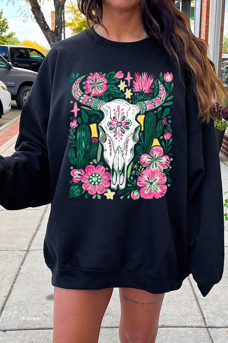 UL180P-E3086 Western Floral Cow Skull Graphic Plus Sweatshirt $25