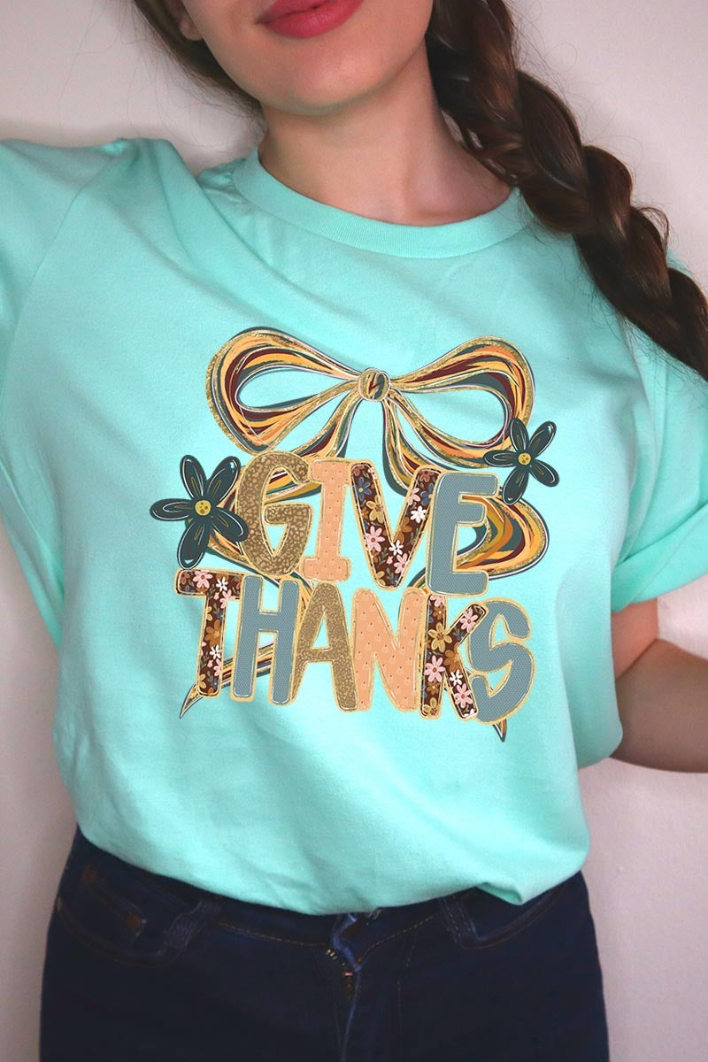 US3001-E3154 Give Thanks Bow Graphic Tee $12.5