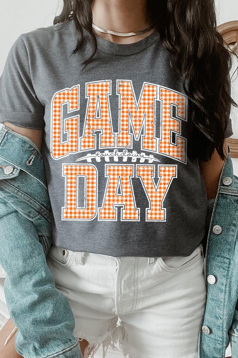 US3001P-E3129 Orange Gingham Game Day Graphic Plus Tee $16