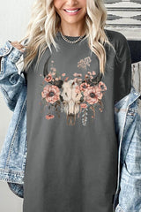 5000P-E3113 Western Skull Floral Graphic Plus Heavy Cotton Tee $12.75