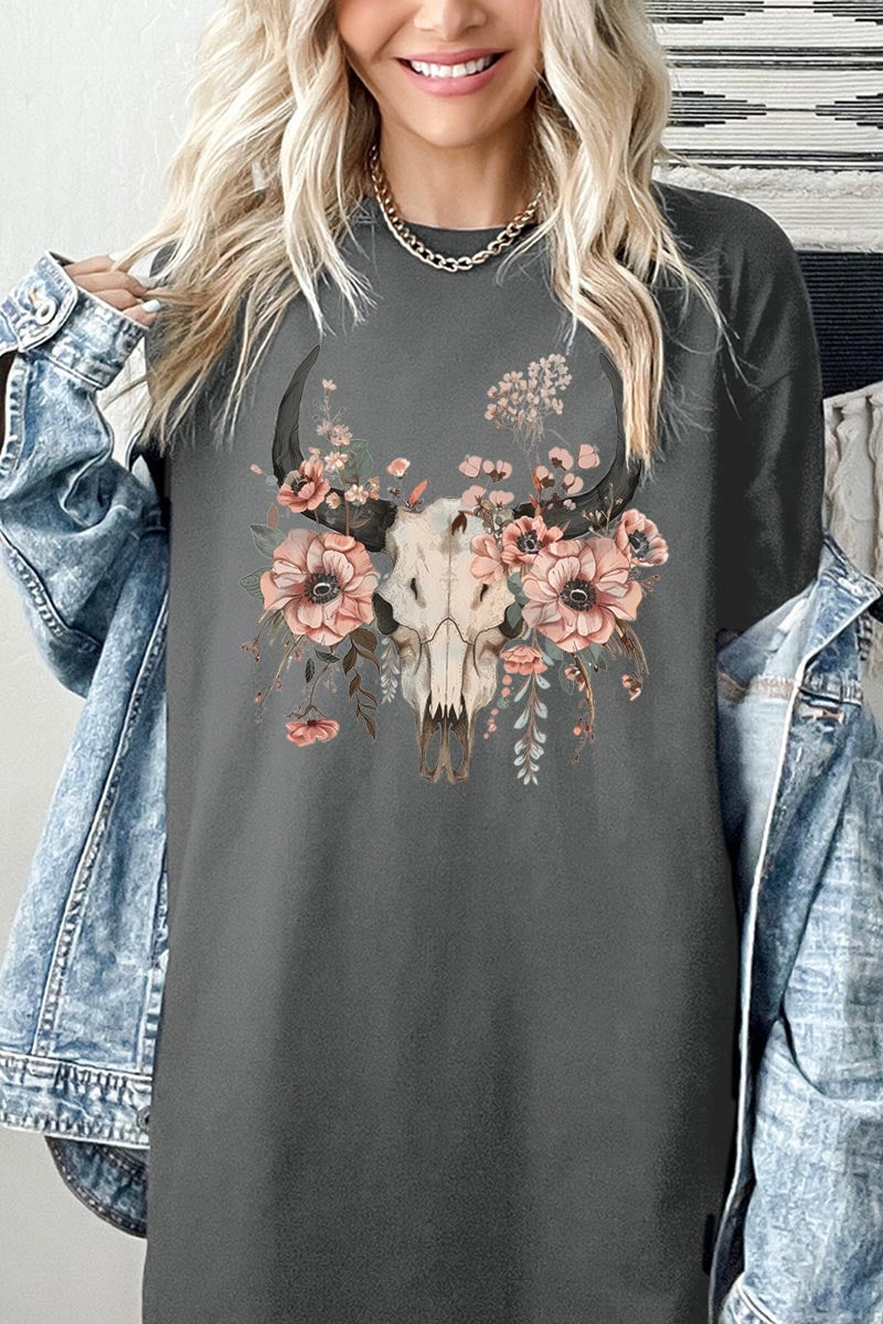 5000-E3113 Western Skull Floral Graphic Heavy Cotton Tee $9