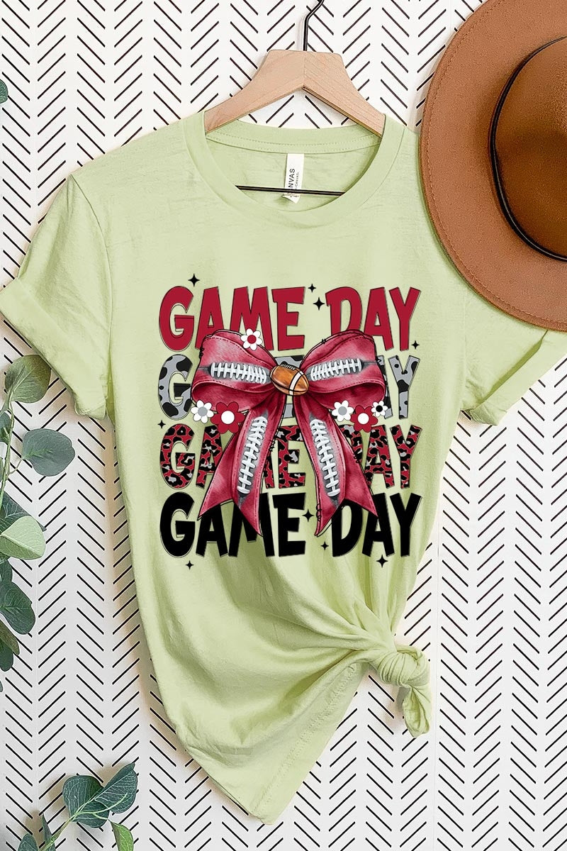 US3001-E3093 Red Silver Football Game Day Bow Graphic Tee $12.5