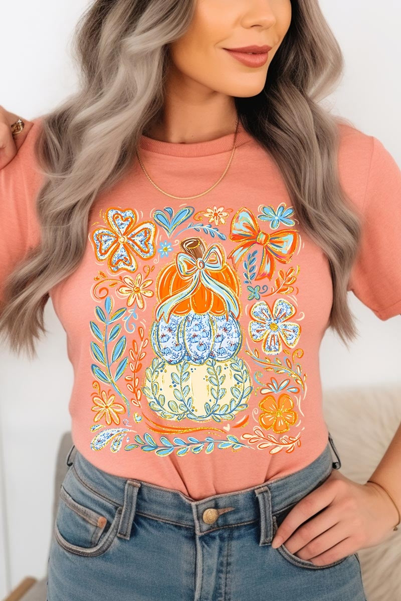 US3001-E3153 Floral Pumpkin Stack Graphic Tee $12.5