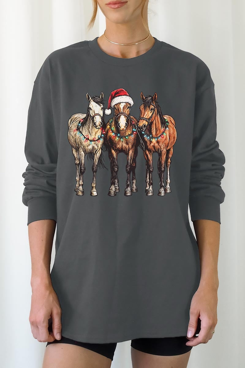 UL240-E3182 Christmas Horses Graphic Long Sleeve Tee $13.75