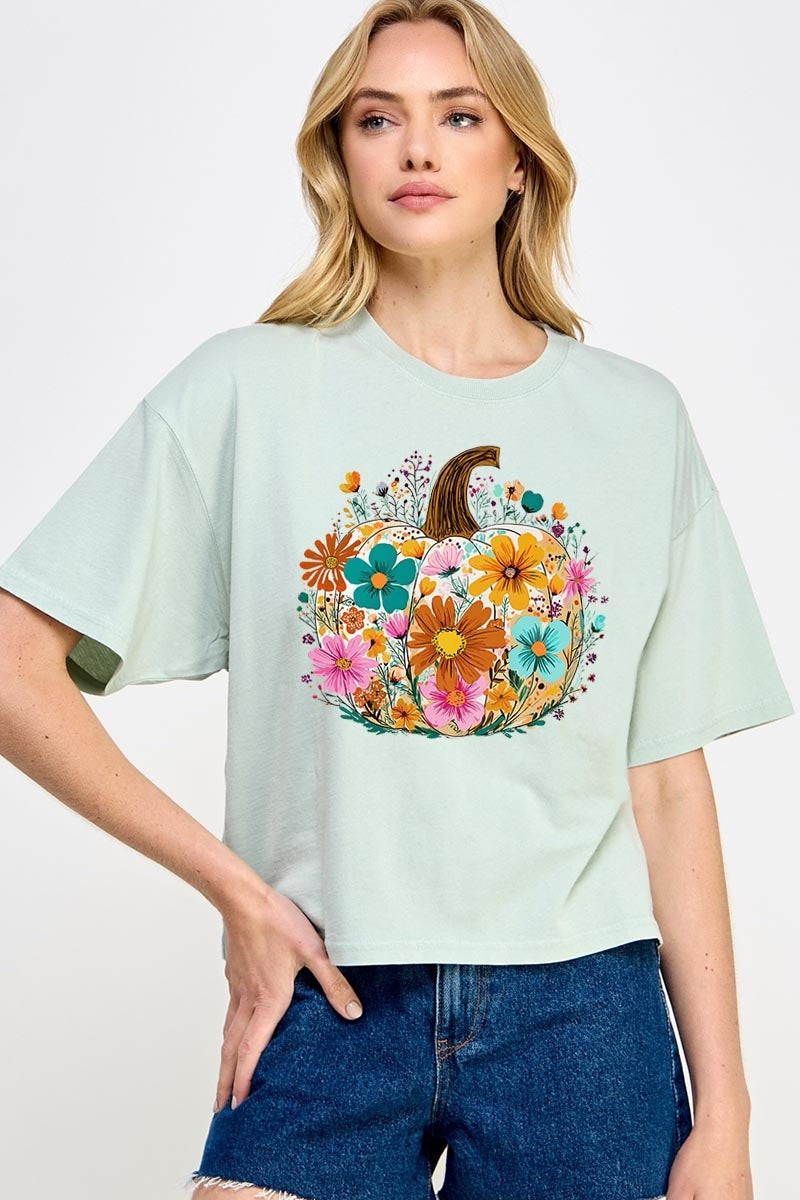 CTS-E3118 Floral Pumpkin Graphic Relaxed Crop Top $11