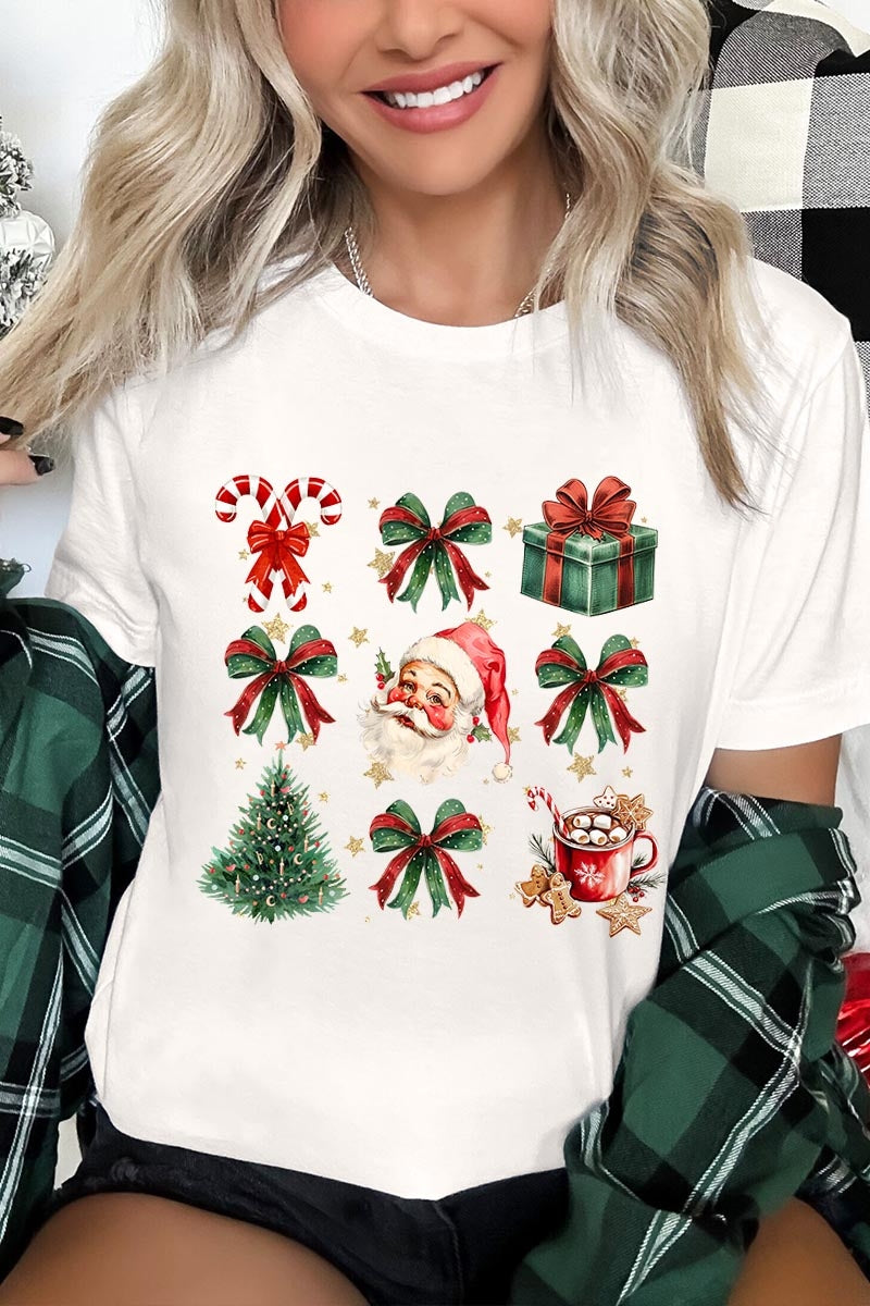 US3001-E3217 Santa Gifts & Bows Christmas Graphic Tee $12.5
