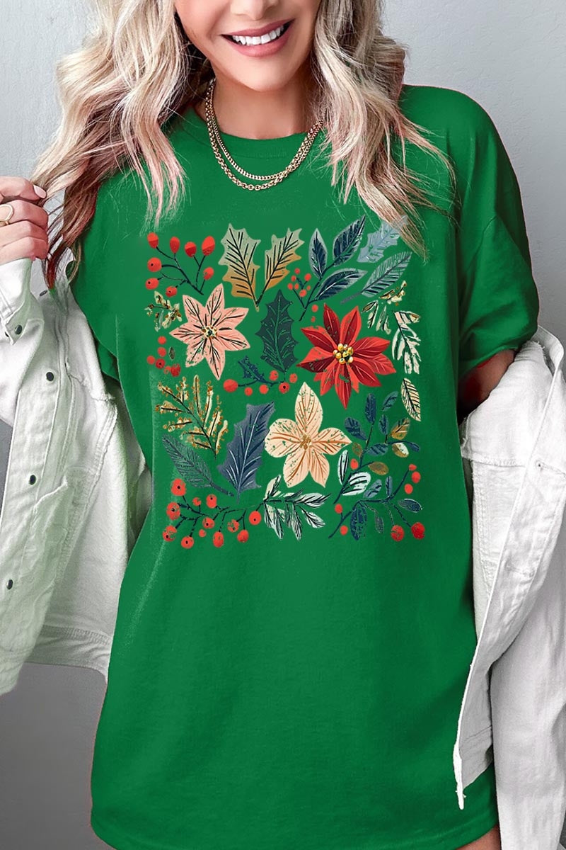 5000P-E3186 Floral Christmas Graphic Plus Heavy Cotton Tee $12.75