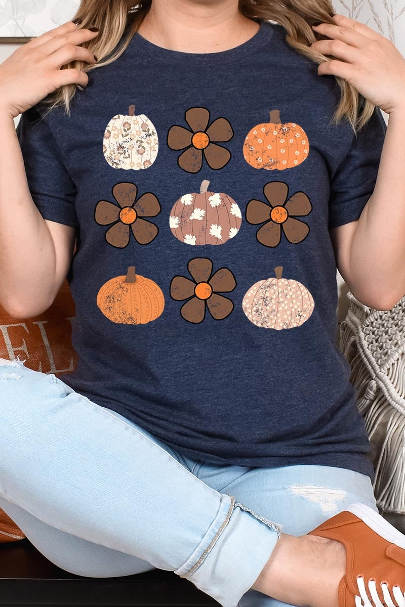 US3001-E3117 Pumpkins & Flowers Fall Graphic Tee $12.5