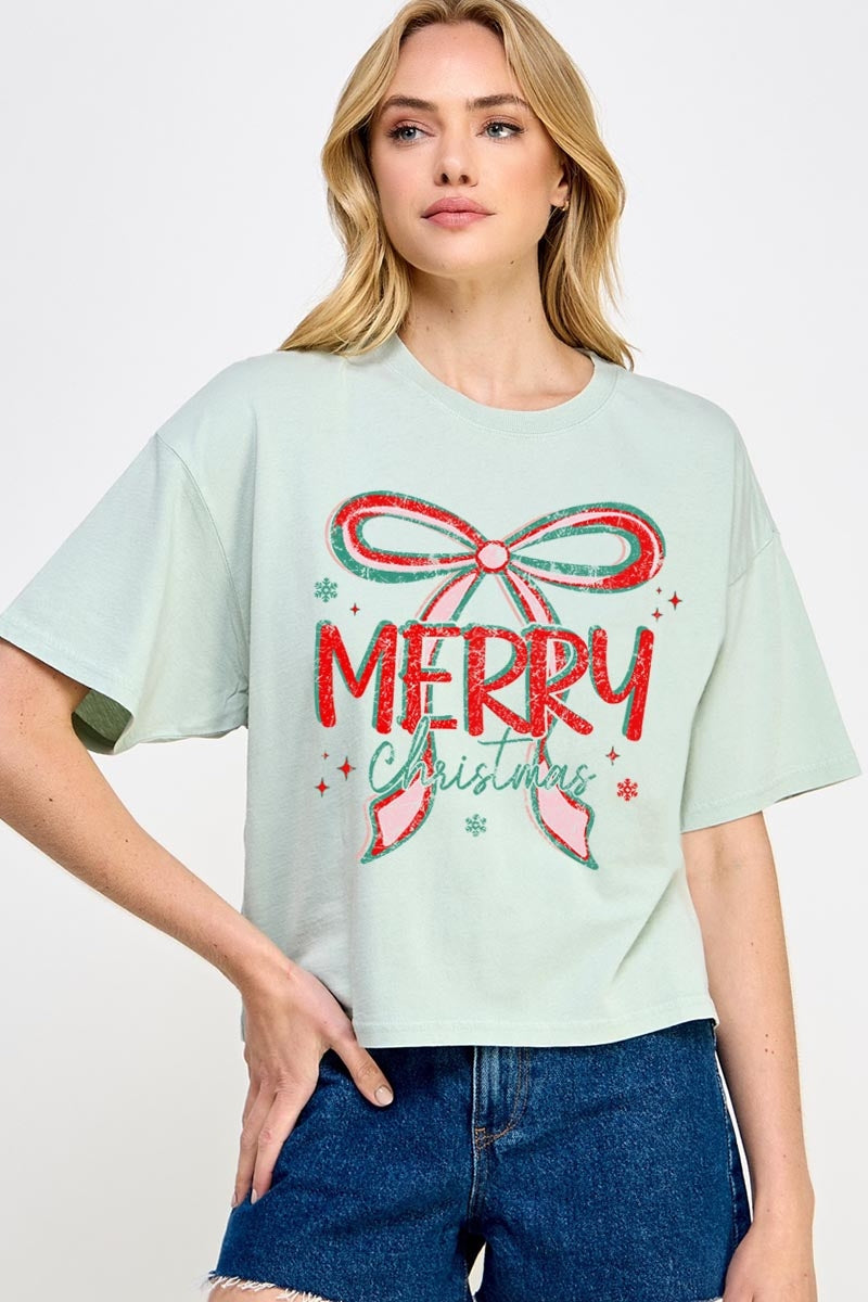 CTS-E3197 Merry Christmas Bow Graphic Relaxed Crop Top $11