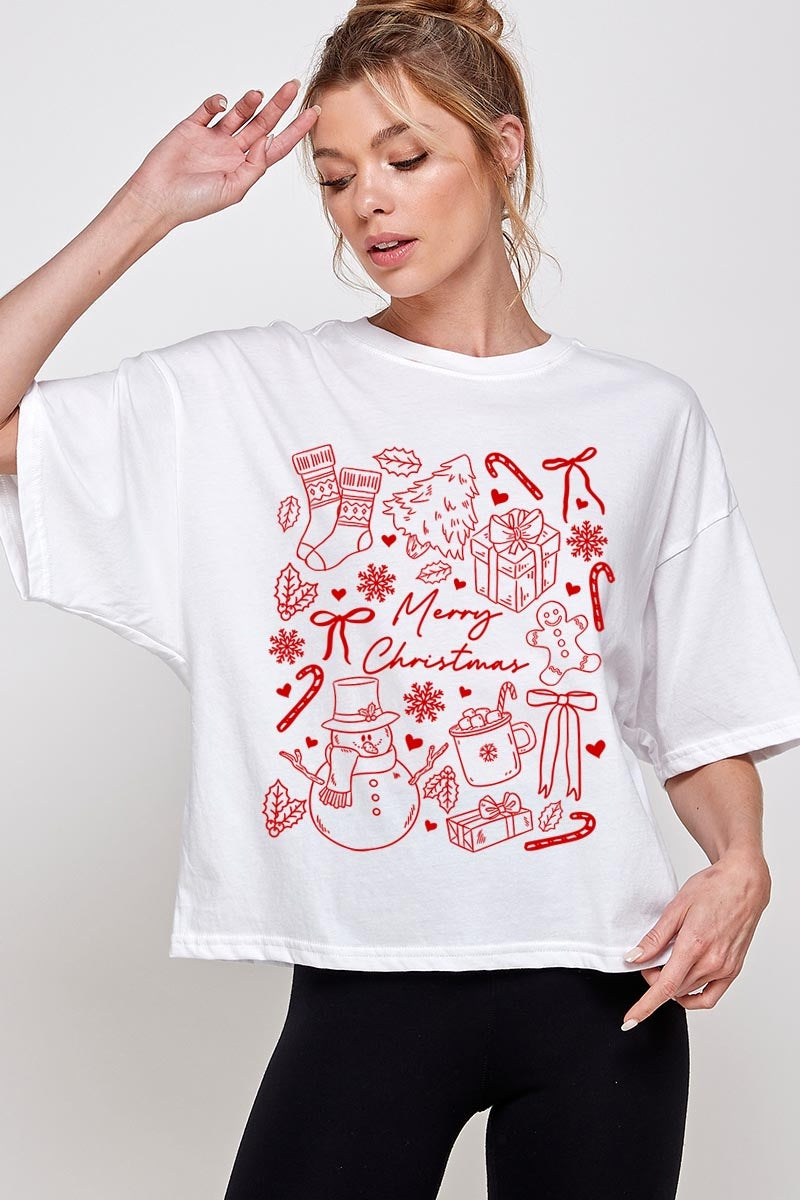 CTS-E3181 Christmas Doodle Graphic Relaxed Crop Top $11