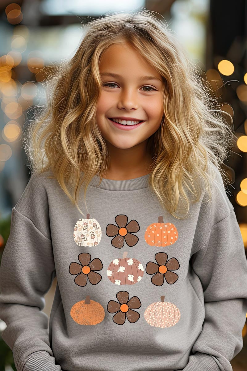 UL180B-E3117Z Pumpkins & Flowers Fall Kids Graphic Sweatshirt $20