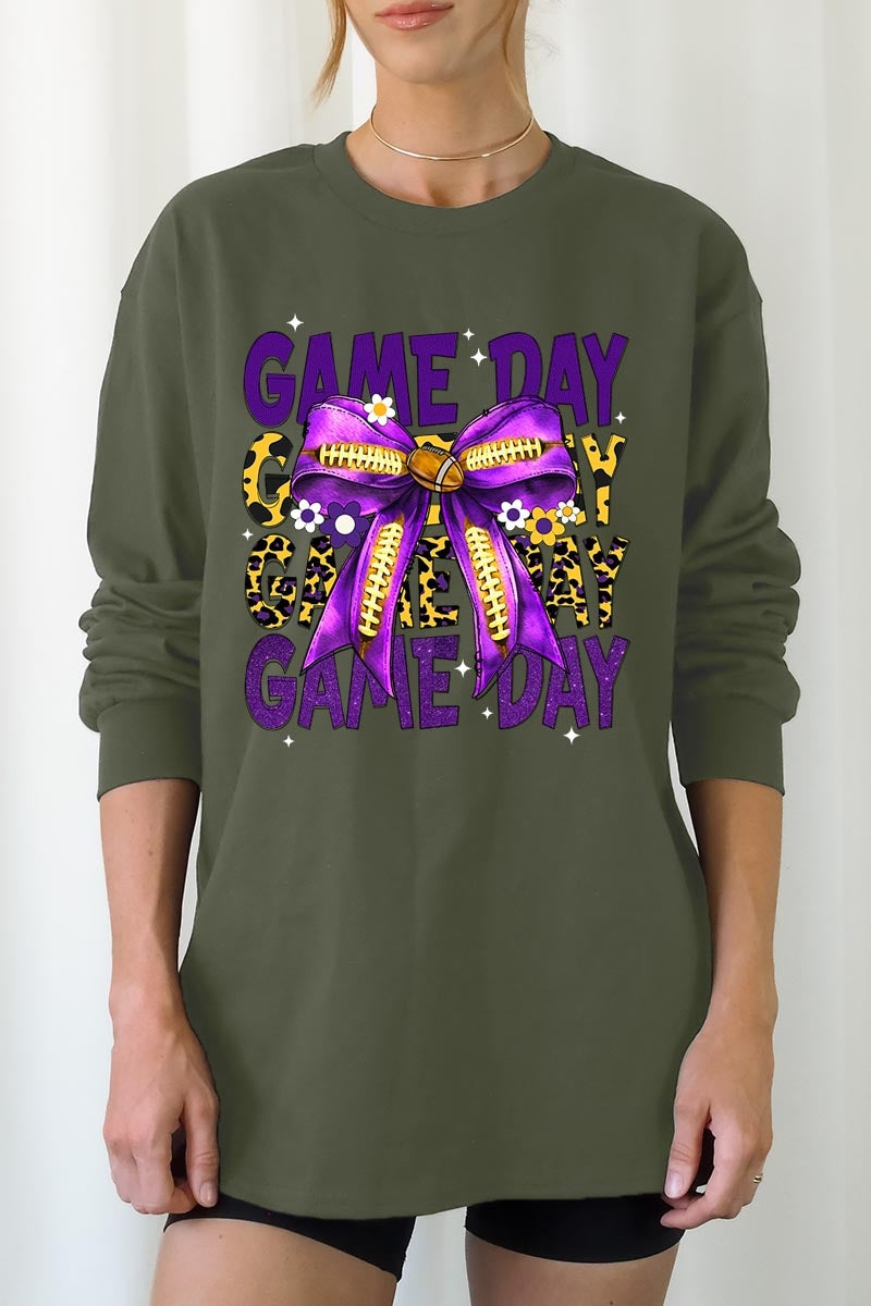UL240-E3092 Purple Yellow Football GameDay Bow Long Sleeve Tee $13.75
