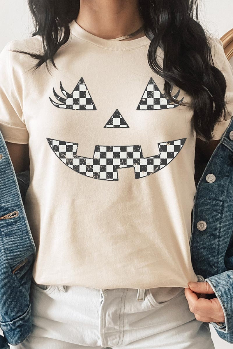 US3001P-E3149 Checker Pumpkin Face Graphic Plus Tee $16