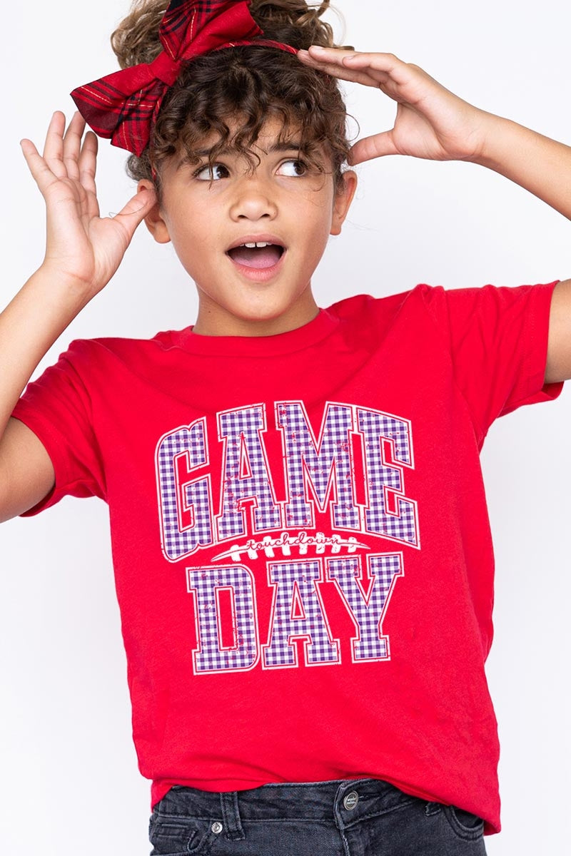 US3001Y-E3127Z Purple Gingham Game Day Kids Graphic Tee $11