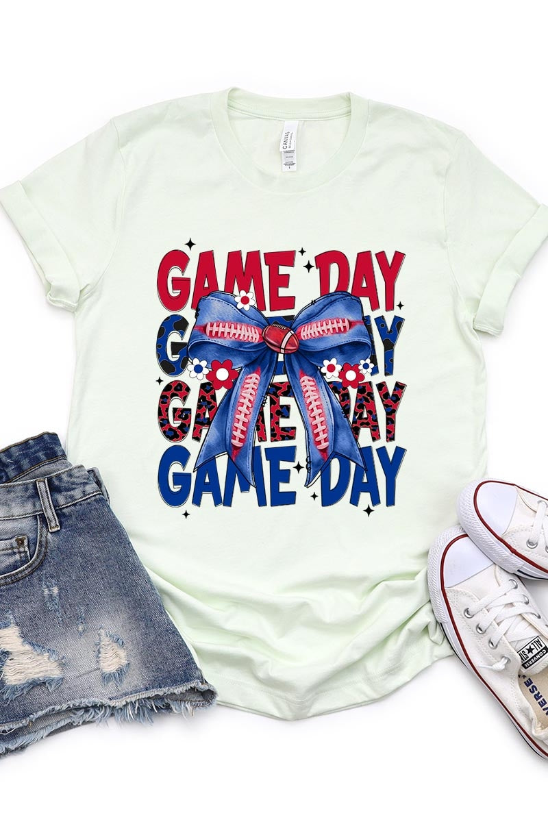 US3001-E3087 Red Blue Football Game Day Bow Graphic Tee $12.5