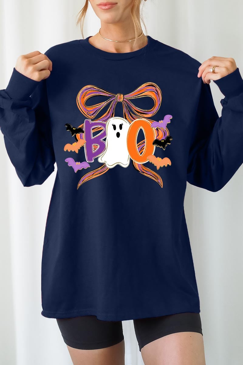 UL240-E3120 Boo Brushstroke Bow Graphic Long Sleeve Tee $13.75