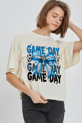 CTS-E3089 Blue Silver Football Game Day Bow Relaxed Crop Top $11