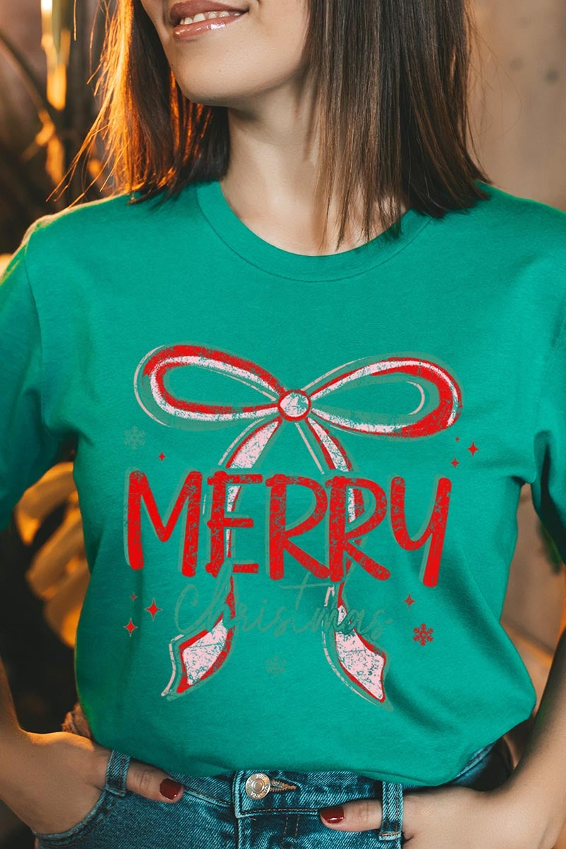 US3001P-E3197 Merry Christmas Bow Graphic Plus Tee $16