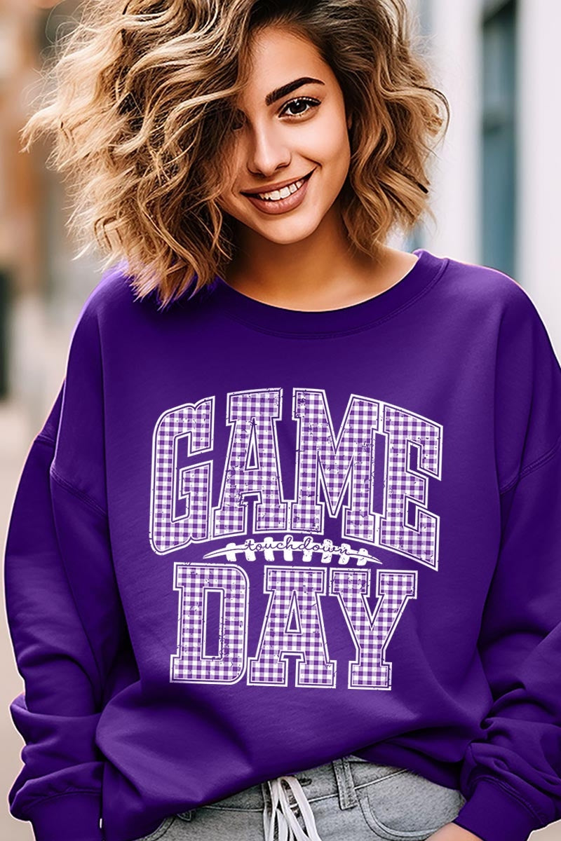 UL180-E3127 Purple Gingham Game Day Graphic Sweatshirt $20