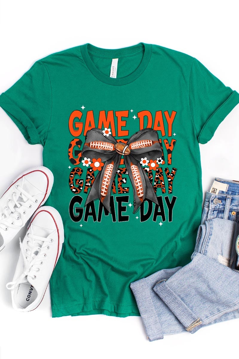 US3001-E3088 Orange Black Football Game Day Bow Graphic Tee $12.5