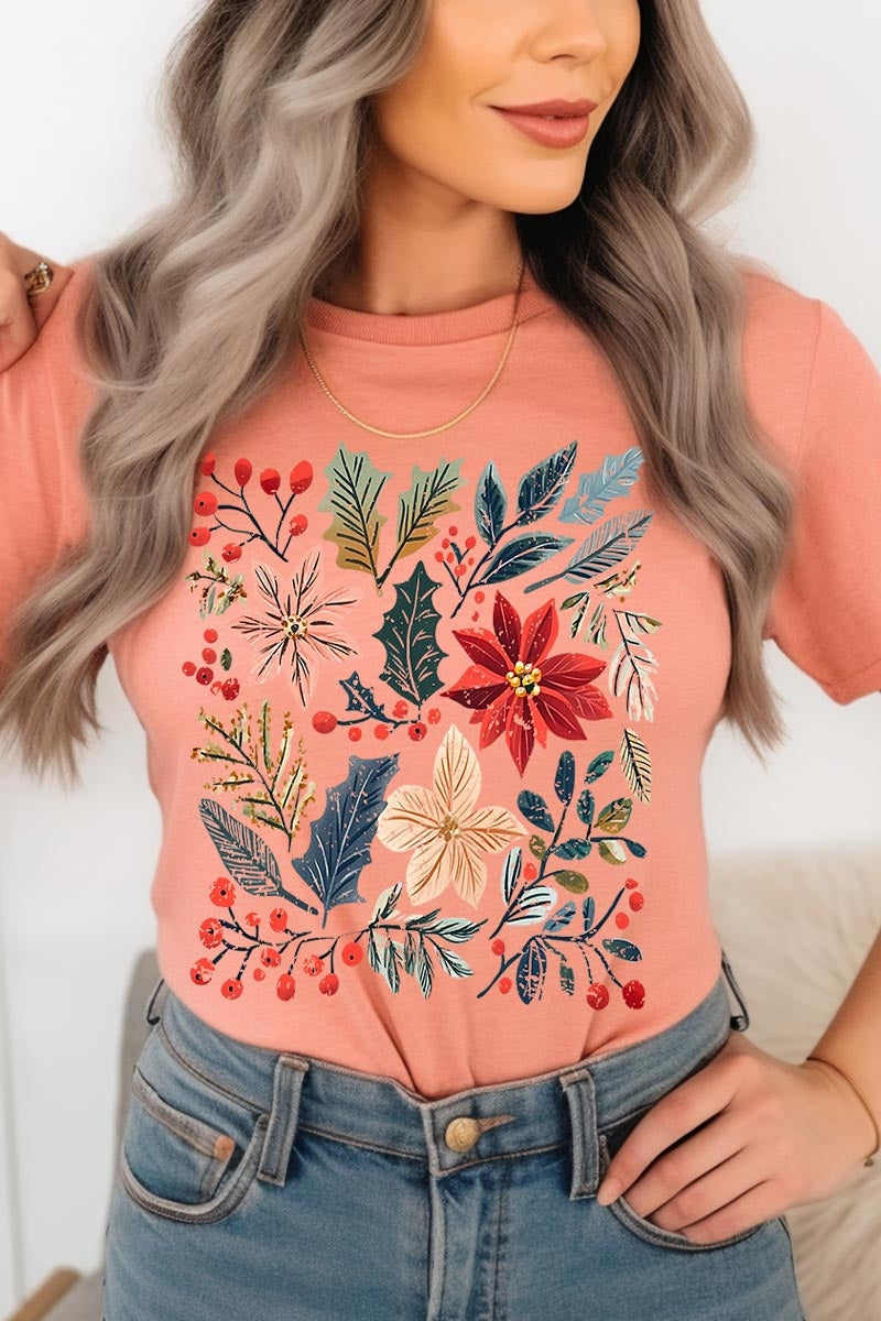 US3001-E3186 Floral Christmas Graphic Tee $12.5