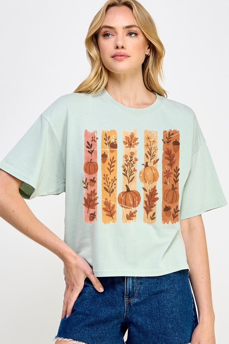 CTS-E3110 Brushstroke Boho Fall Graphic Relaxed Crop Top $11