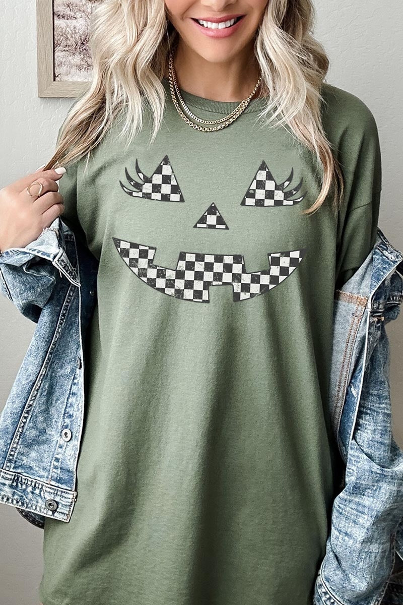 5000-E3149 Checker Pumpkin Face Graphic Heavy Cotton Tee $9