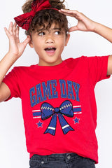 US3001Y-E3065Z Blue Game Day Football Bow Kids Graphic Tee $11