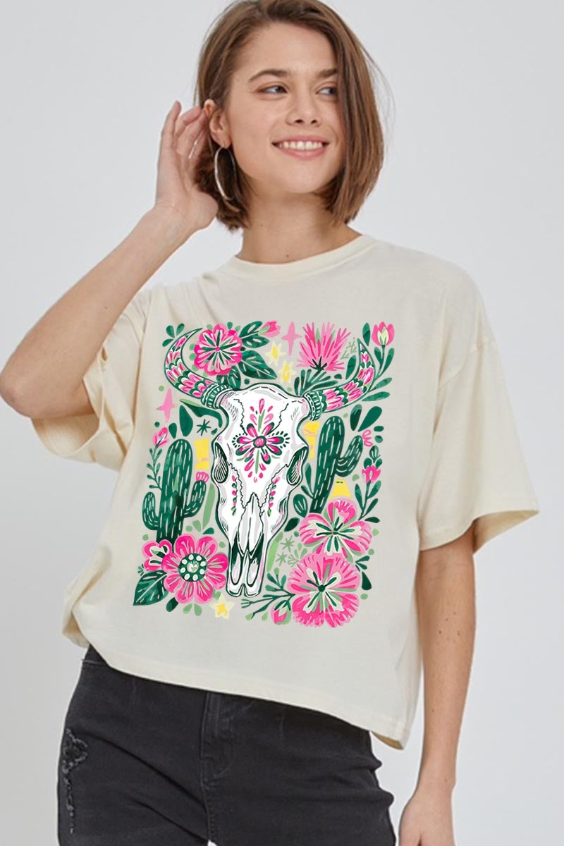 CTS-E3086 Western Floral Cow Skull Graphic Relaxed Crop Top $11