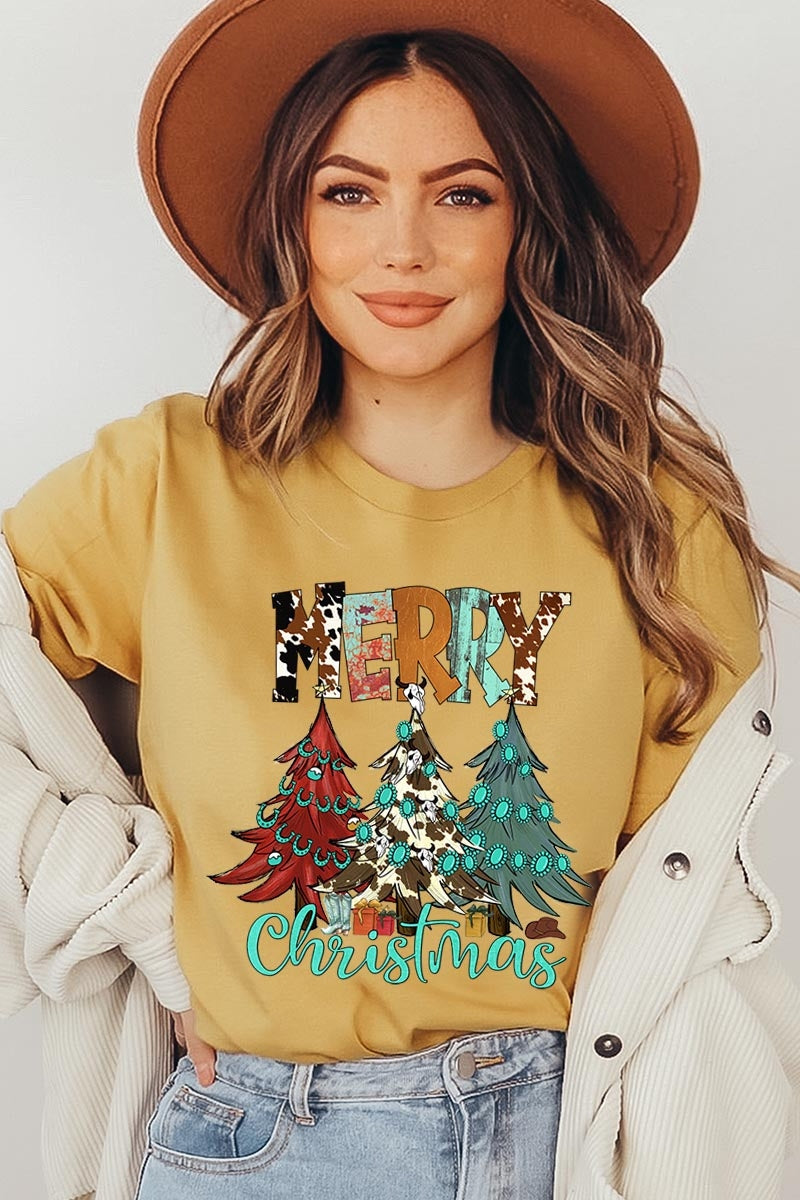 US3001P-E3200 Merry Christmas Trees Graphic Plus Tee $16