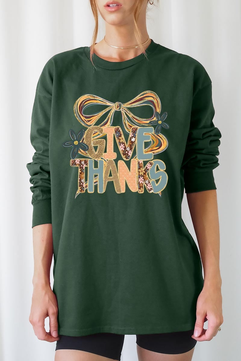 UL240-E3154 Give Thanks Bow Graphic Long Sleeve Tee $13.75