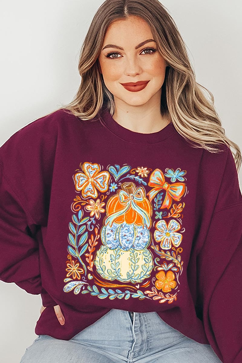 UL180P-E3153 Floral Pumpkin Stack Graphic Plus Sweatshirt $25