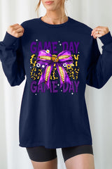 UL240-E3092 Purple Yellow Football GameDay Bow Long Sleeve Tee $13.75