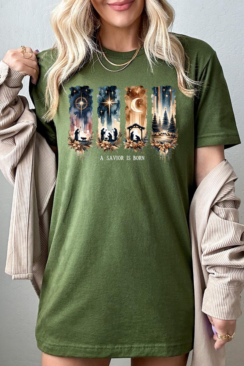 US3001P-E3204 Savior Is Born Nativity Graphic Plus Tee $16