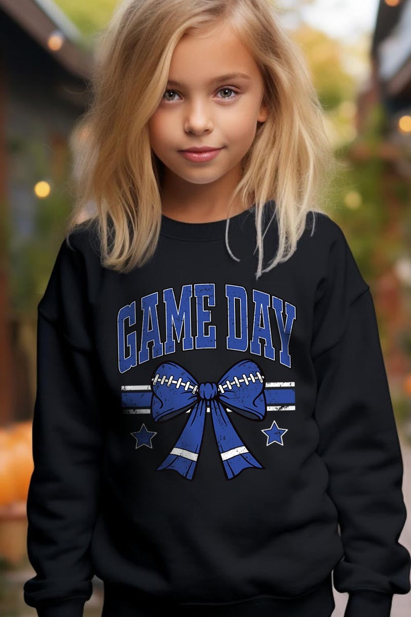 UL180B-E3065Z Blue Game Day Football Bow Kids Graphic Sweatshirt $20