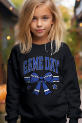 UL180B-E3065Z Blue Game Day Football Bow Kids Graphic Sweatshirt $20