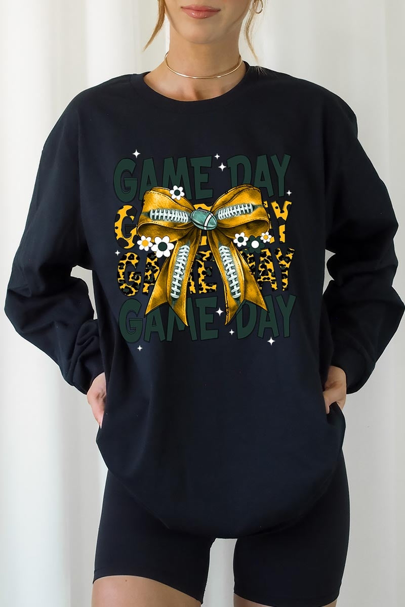 UL240-E3090 Yellow Football Game Day Bow Long Sleeve Tee $13.75