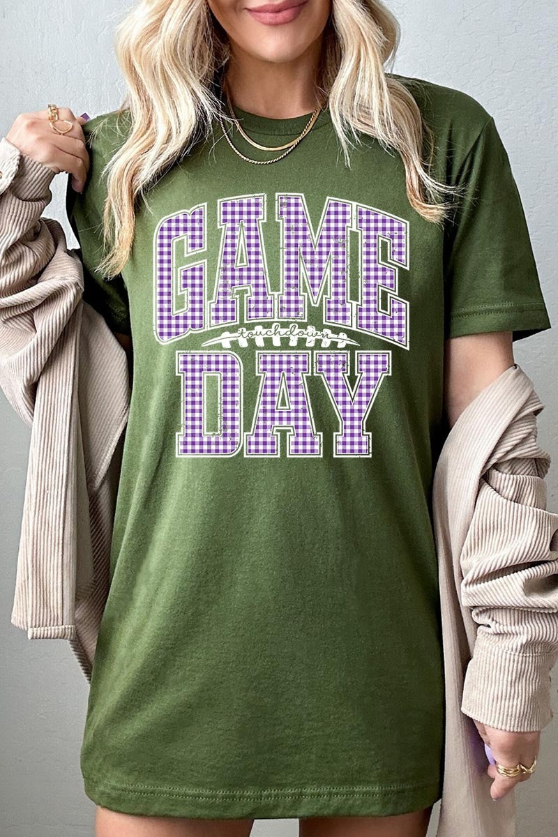 US3001-E3127 Purple Gingham Game Day Graphic Tee $12.5