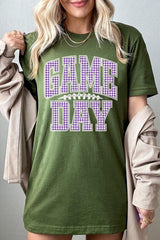 US3001-E3127 Purple Gingham Game Day Graphic Tee $12.5