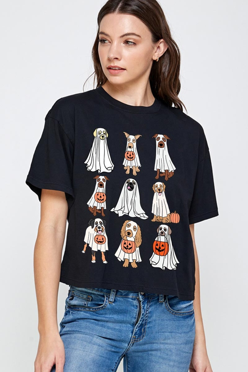 CTS-E3106 Halloween Ghost Dog Graphic Relaxed Crop Top $11