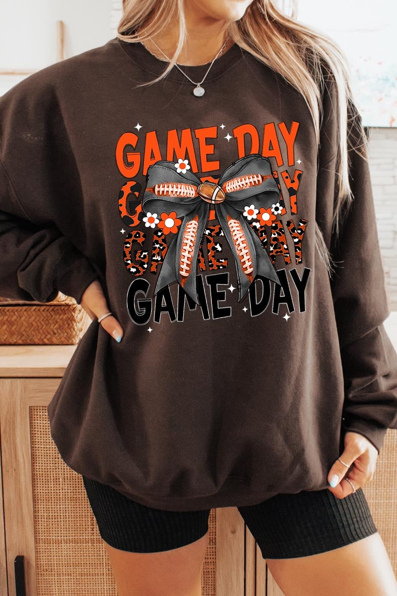 UL180P-E3088 Orange Black Football Game Day Bow Plus Sweatshirt $25