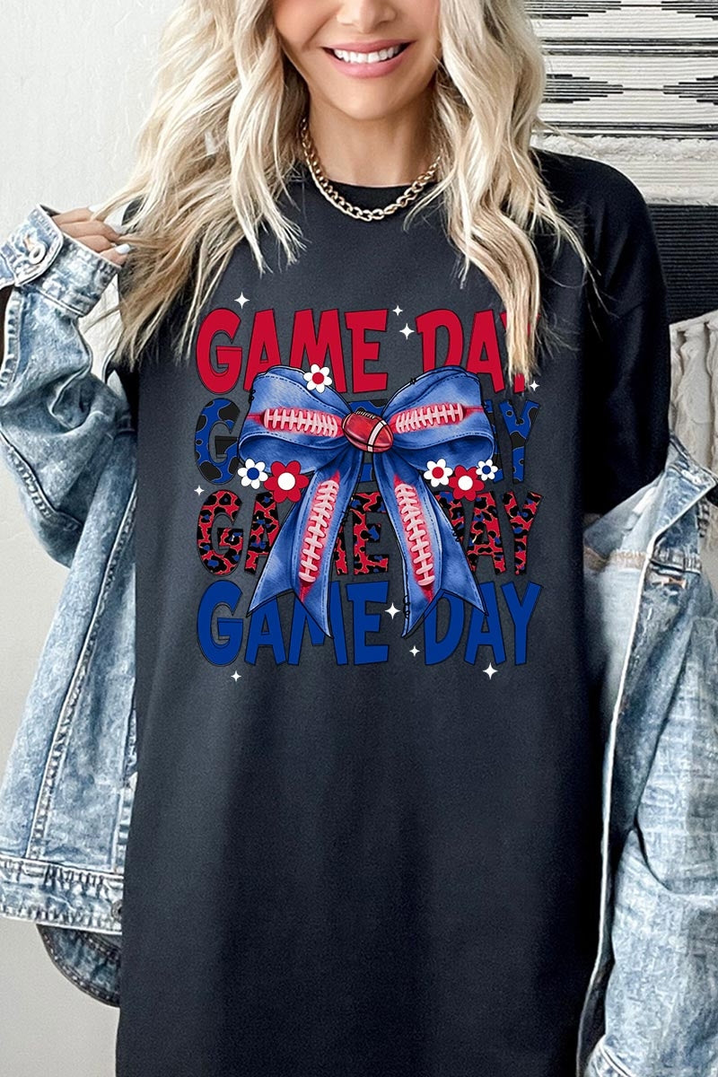 5000-E3087 Red Blue Football Game Day Bow Heavy Cotton Tee $9