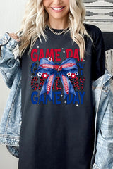 5000-E3087 Red Blue Football Game Day Bow Heavy Cotton Tee $9